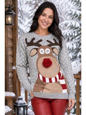 3D Pom-Pom Nose Christmas Reindeer Knit Sweater Crew Neck Long Sleeve Pullover